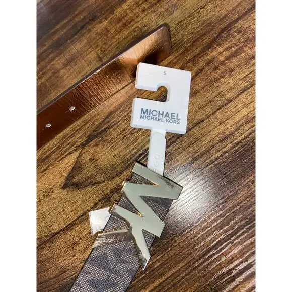 NWT Michael Kors Brown MK Logo Belt Gold Buckle Size Small - Picture 12 of 12